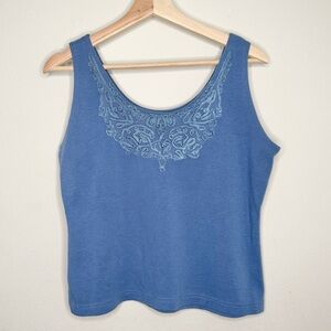 Style New York blue embroidery detail tank